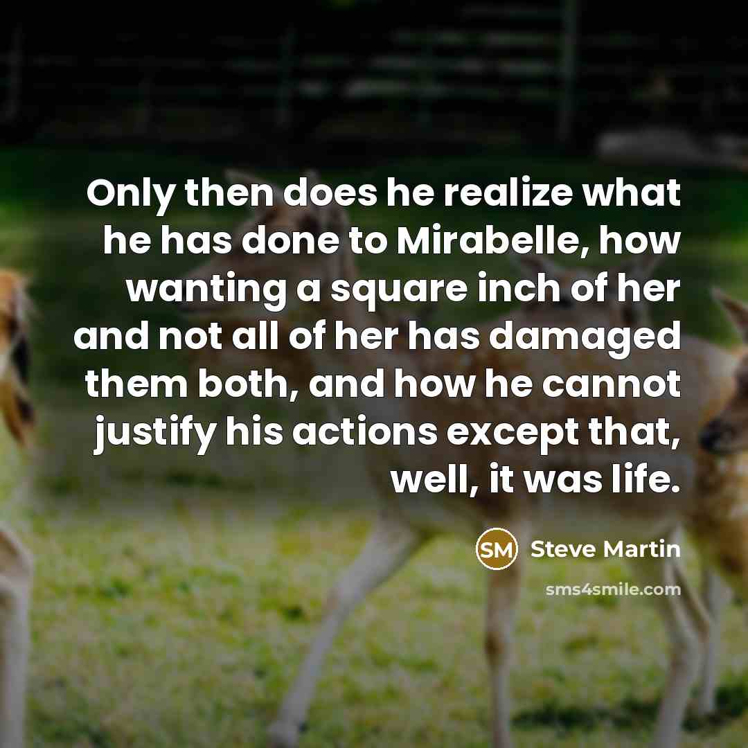 “Only then does he realize what he has done to Mirabelle, how wanting a square inch of her and not all of her has damaged them both, and how he cannot justify his actions except that, well, it was life.” quote by Steve Martin