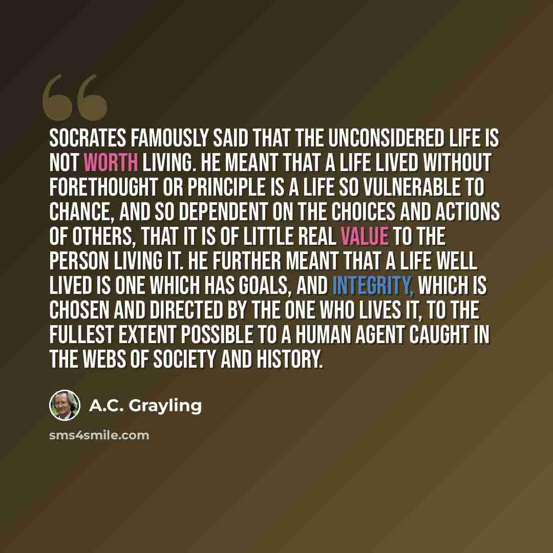 “Socrates famously said that the unconsidered life is not worth living. He meant that a life lived without forethought or principle is a life so vulnerable to chance, and so dependent on the choices and actions of others, that it is of little real value to the person living it. He further meant…” quote by A.C. Grayling