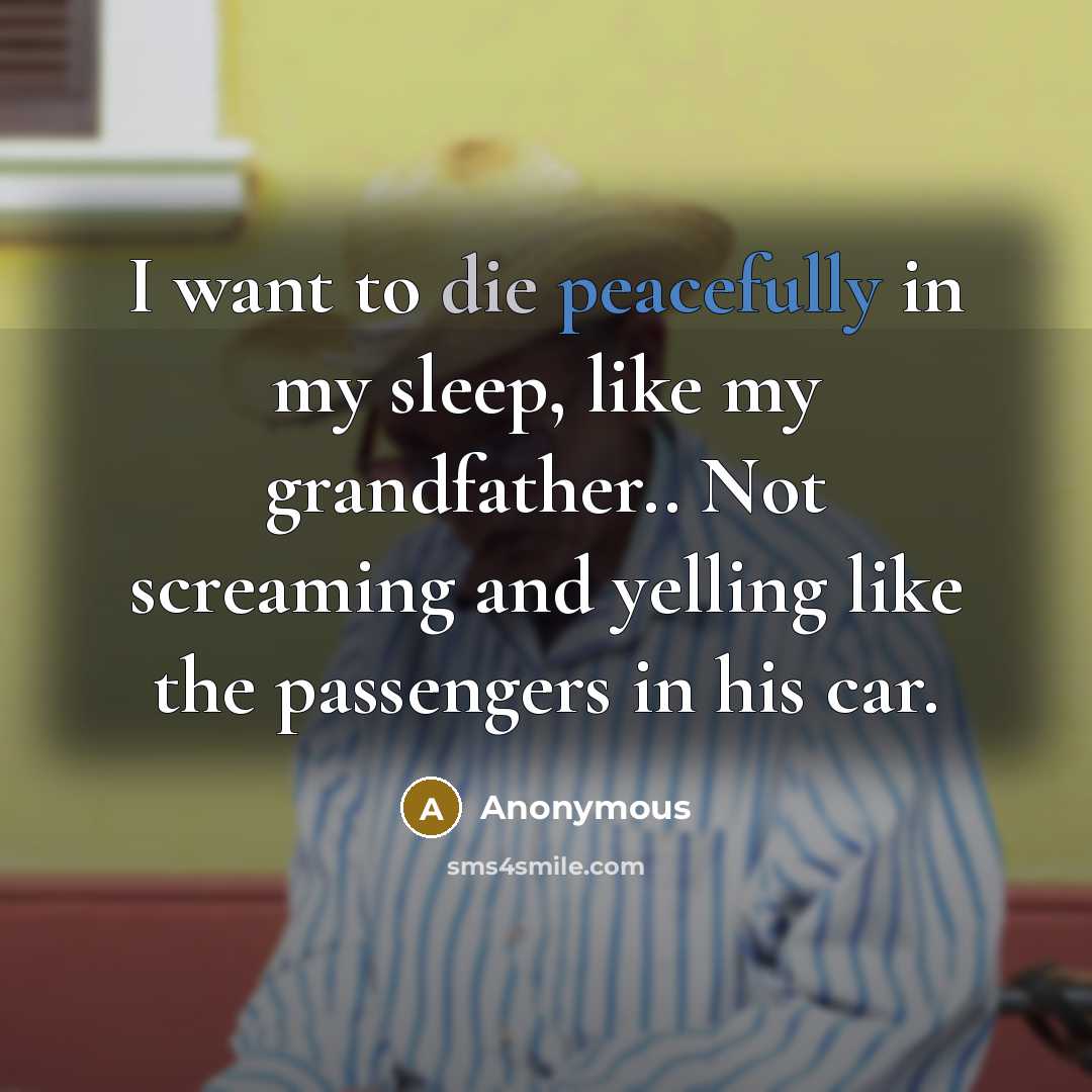 “I want to die peacefully in my sleep, like my grandfather.. Not screaming and yelling like the passengers in his car.” quote by Anonymous