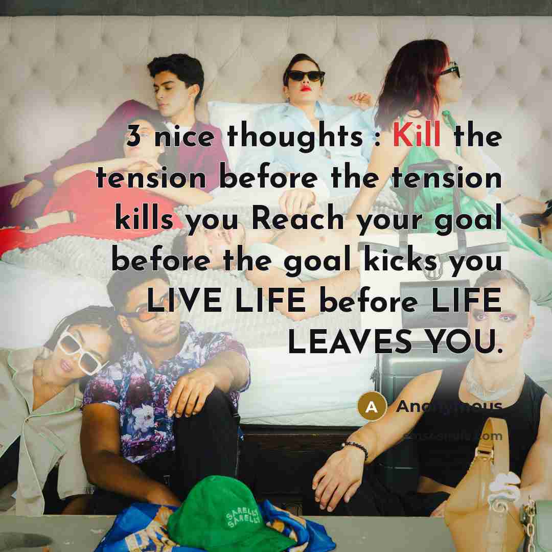 “3 nice thoughts : Kill the tension before the tension kills you Reach your goal before the goal kicks you LIVE LIFE before LIFE LEAVES YOU.” quote by Anonymous