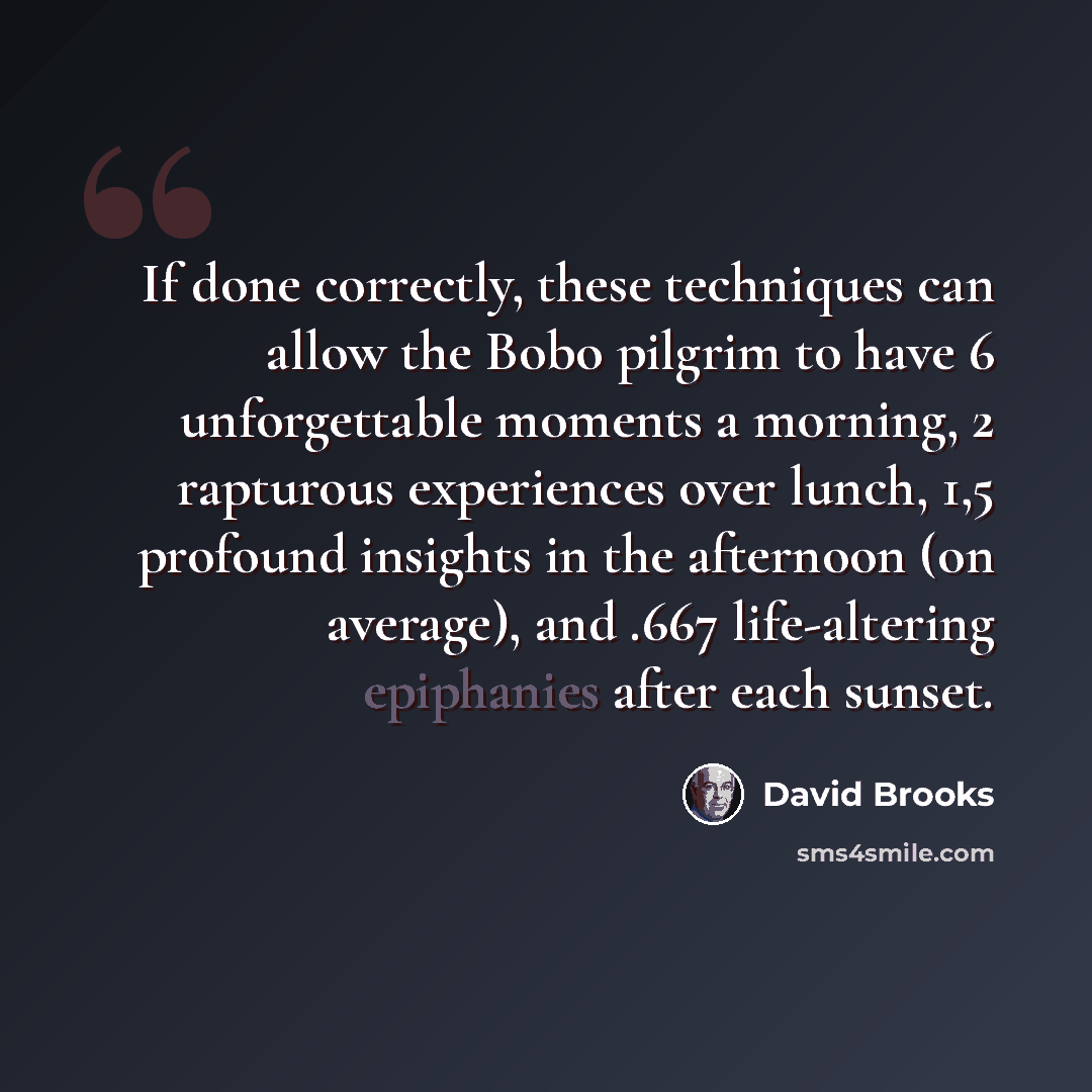 “If done correctly, these techniques can allow the Bobo pilgrim to have 6 unforgettable moments a morning, 2 rapturous experiences over lunch, 1,5 profound insights in the afternoon (on average), and .667 life-altering epiphanies after each sunset.” quote by David Brooks