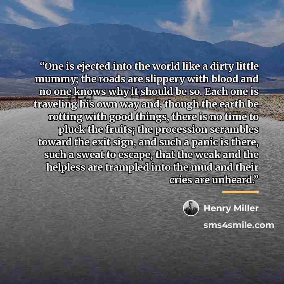 “One is ejected into the world like a dirty little mummy; the roads are slippery with blood and no one knows why it should be so. Each one is traveling his own way and, though the earth be rotting with good things, there is no time to pluck the fruits; the procession scrambles toward the exit sign…” quote by Henry Miller
