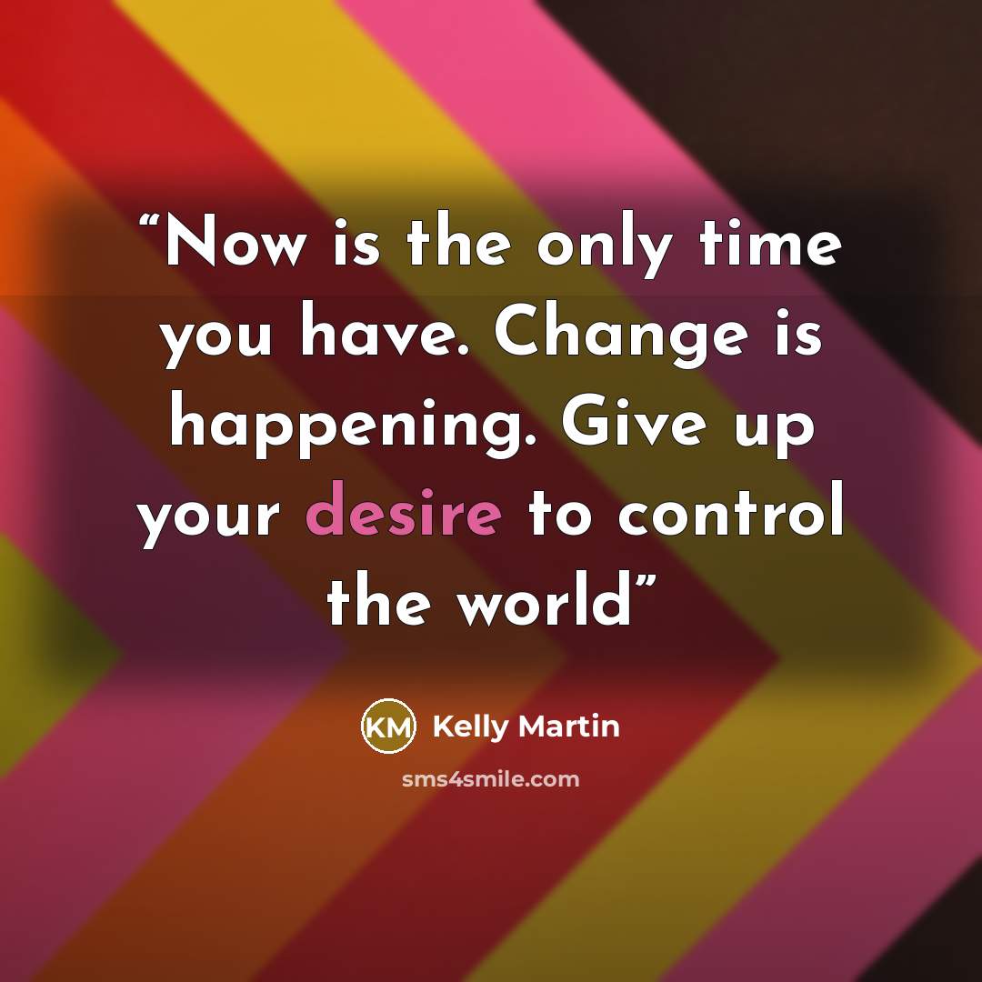 “Now is the only time you have. Change is happening. Give up your desire to control the world” quote by Kelly Martin