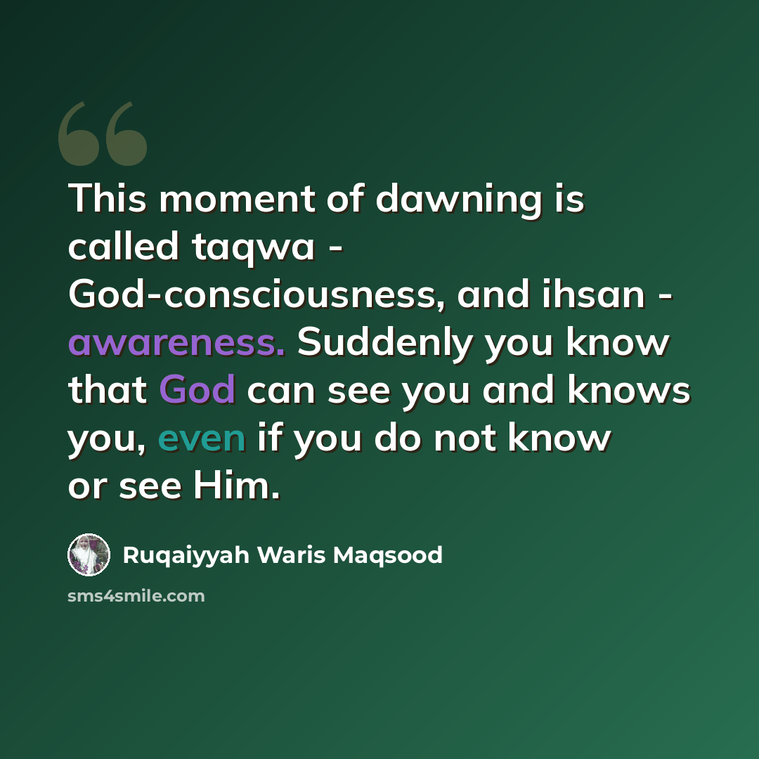 “This moment of dawning is called taqwa - God-consciousness, and ihsan - awareness. Suddenly you know that God can see you and knows you, even if you do not know or see Him.” quote by Ruqaiyyah Waris Maqsood