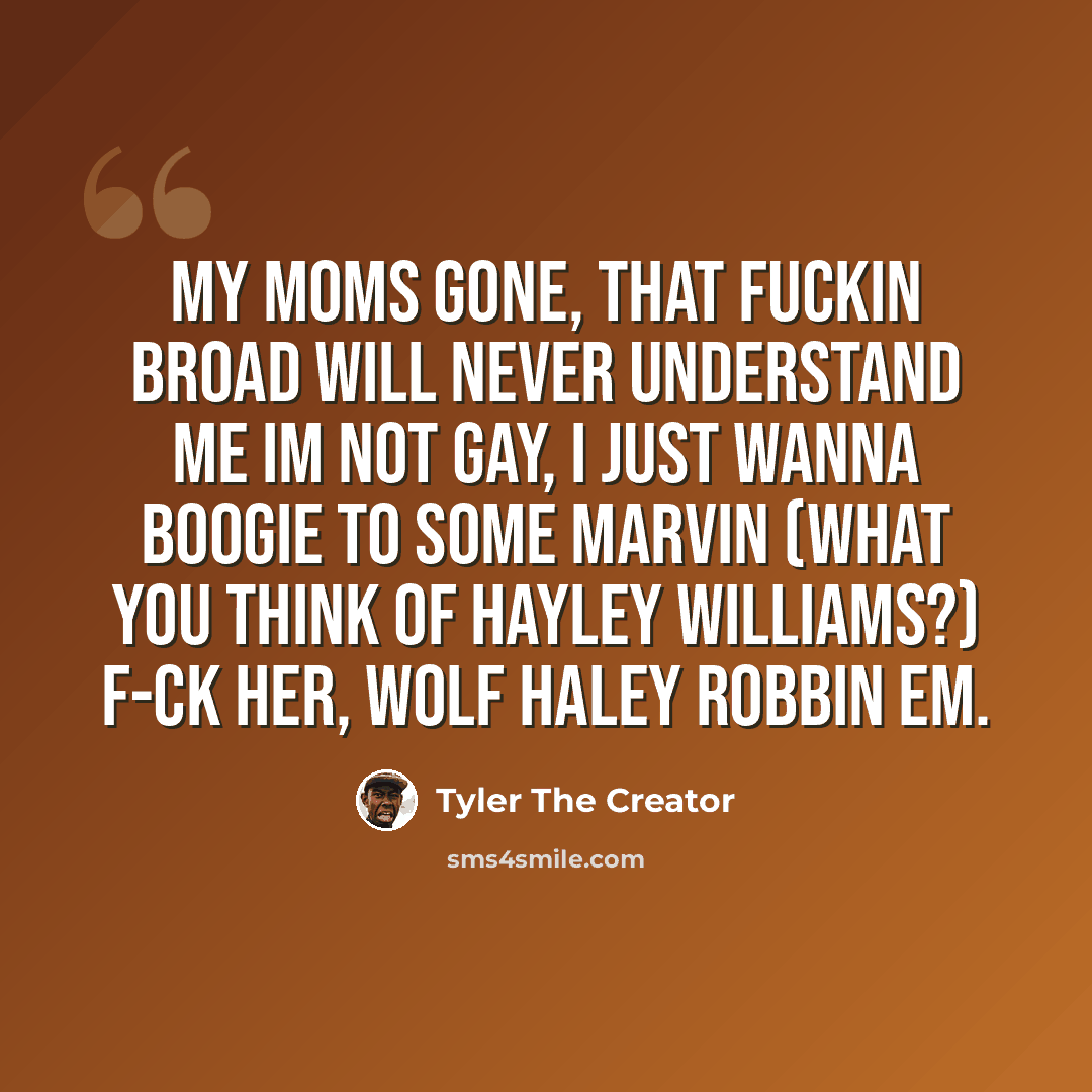 “My moms gone, that fuckin broad will never understand me Im not gay, I just wanna boogie to some Marvin (What you think of Hayley Williams?) F-ck her, Wolf Haley robbin em.” quote by Tyler The Creator