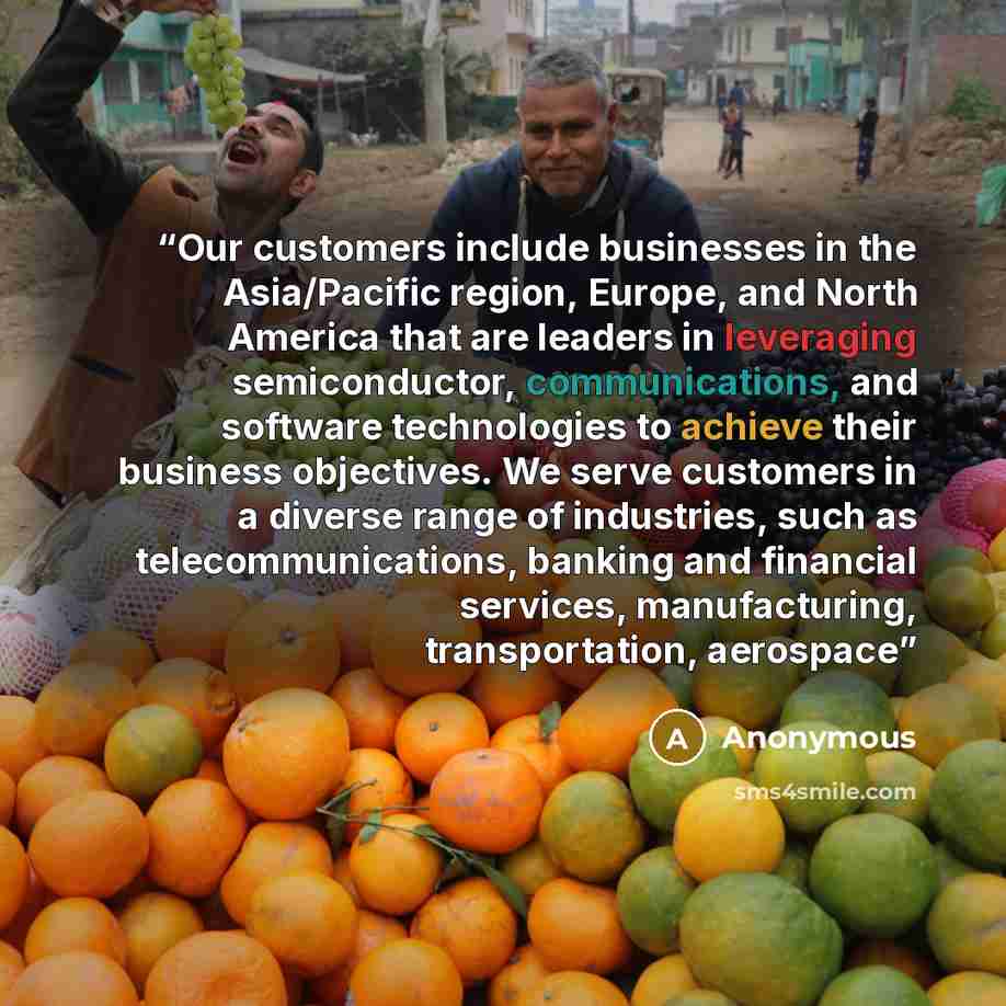 “Our customers include businesses in the Asia/Pacific region, Europe, and North America that are leaders in leveraging semiconductor, communications, and software technologies to achieve their business objectives. We serve customers in a diverse range of industries, such as telecommunications…” quote by Anonymous