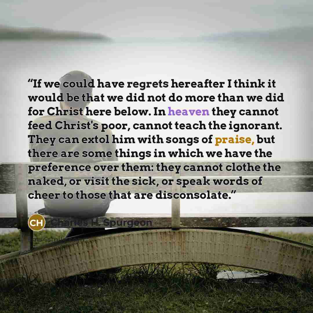 “If we could have regrets hereafter I think it would be that we did not do more than we did for Christ here below. In heaven they cannot feed Christ's poor, cannot teach the ignorant. They can extol him with songs of praise, but there are some things in which we have the preference over them: they…” quote by Charles H. Spurgeon