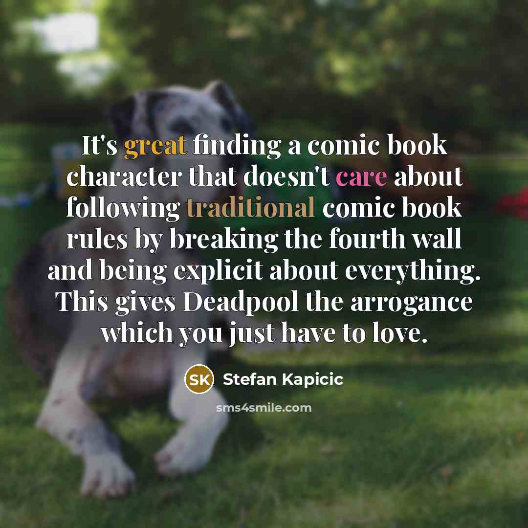 “It's great finding a comic book character that doesn't care about following traditional comic book rules by breaking the fourth wall and being explicit about everything. This gives Deadpool the arrogance which you just have to love.” quote by Stefan Kapicic