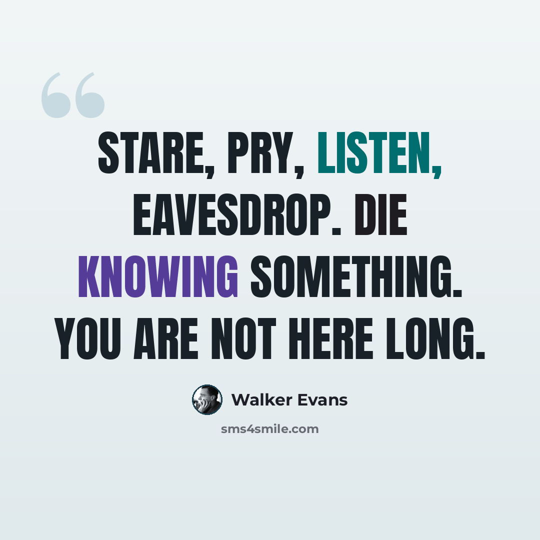 “Stare, pry, listen, eavesdrop. Die knowing something. You are not here long.” quote by Walker Evans