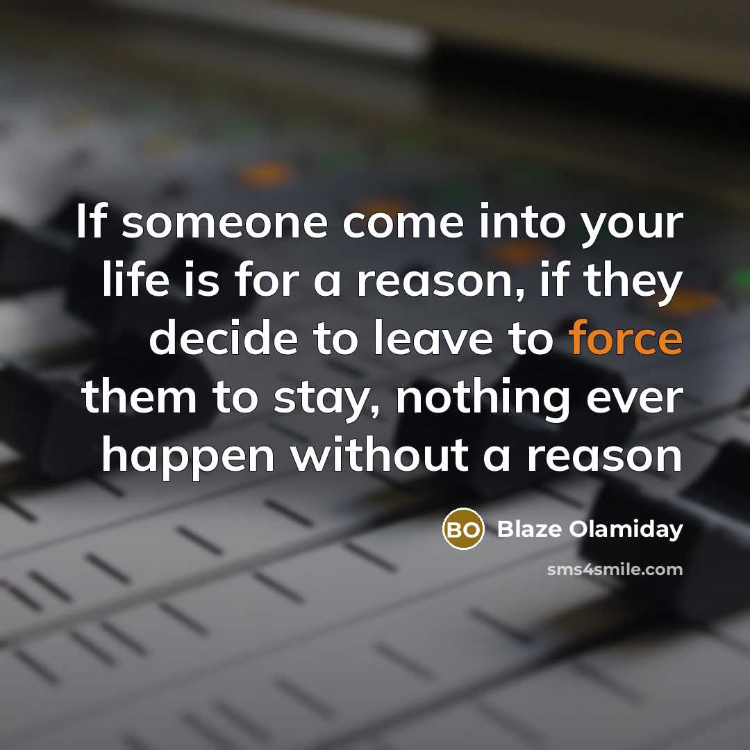 “If someone come into your life is for a reason, if they decide to leave to force them to stay, nothing ever happen without a reason” quote by Blaze Olamiday