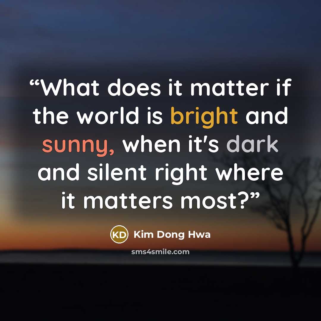 “What does it matter if the world is bright and sunny, when it's dark and silent right where it matters most?” quote by Kim Dong Hwa