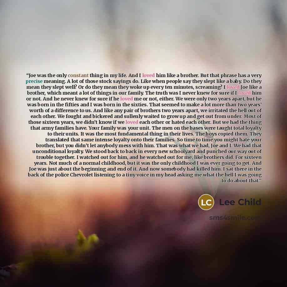“Joe was the only constant thing in my life. And I loved him like a brother. But that phrase has a very precise meaning. A lot of those stock sayings do. Like when people say they slept like a baby. Do they mean they slept well? Or do they mean they woke up every ten minutes, screaming? I loved Joe…” quote by Lee Child