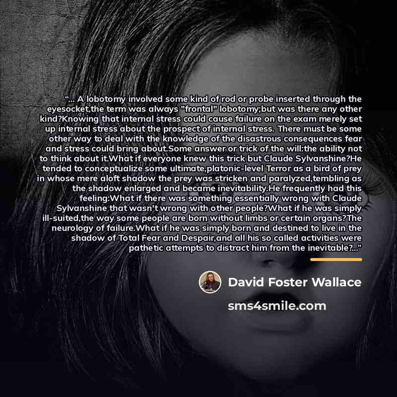 “... A lobotomy involved some kind of rod or probe inserted through the eyesocket,the term was always "frontal" lobotomy;but was there any other kind?Knowing that internal stress could cause failure on the exam merely set up internal stress about the prospect of internal stress. There must be some…” quote by David Foster Wallace