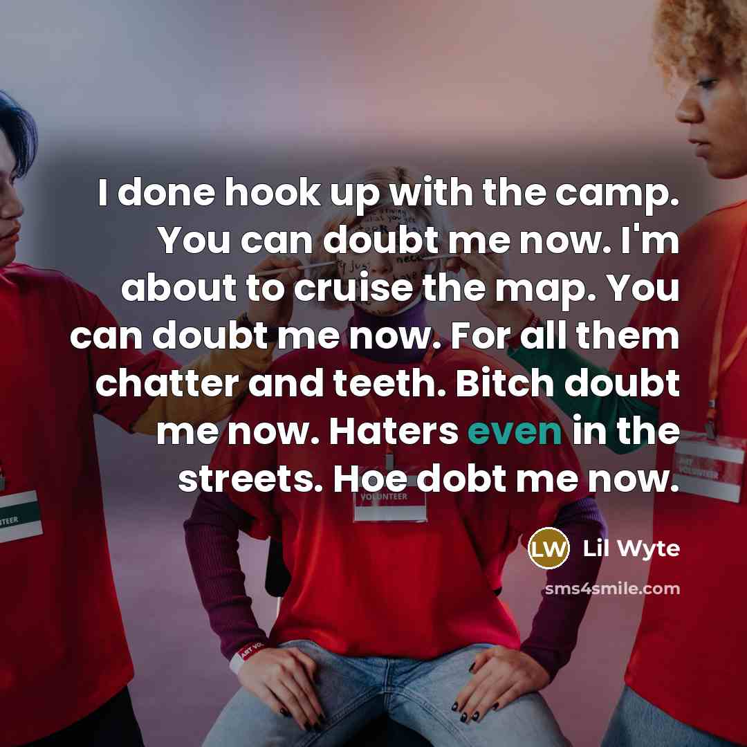 “I done hook up with the camp. You can doubt me now. I'm about to cruise the map. You can doubt me now. For all them chatter and teeth. Bitch doubt me now. Haters even in the streets. Hoe dobt me now.” quote by Lil Wyte