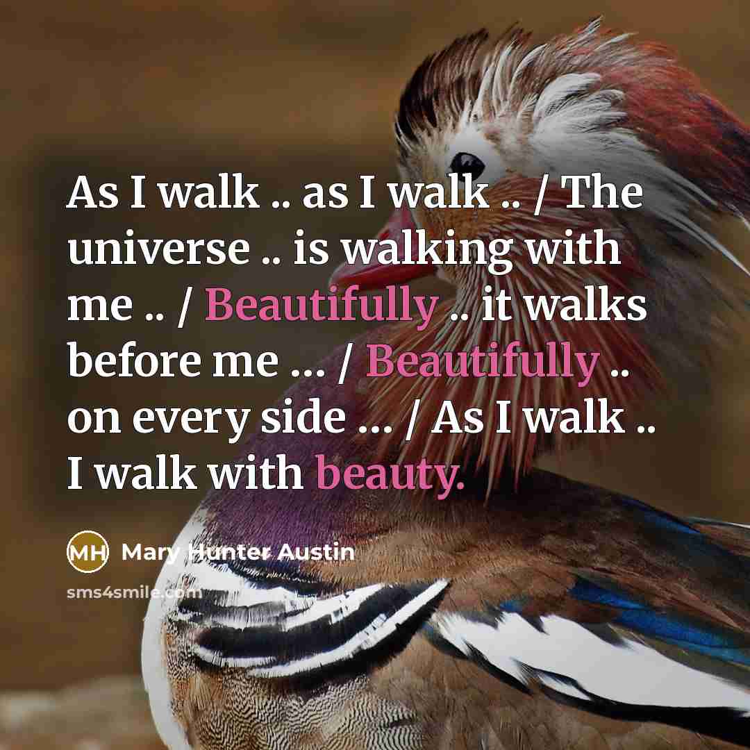“As I walk .. as I walk .. / The universe .. is walking with me .. / Beautifully .. it walks before me … / Beautifully .. on every side … / As I walk .. I walk with beauty.” quote by Mary Hunter Austin