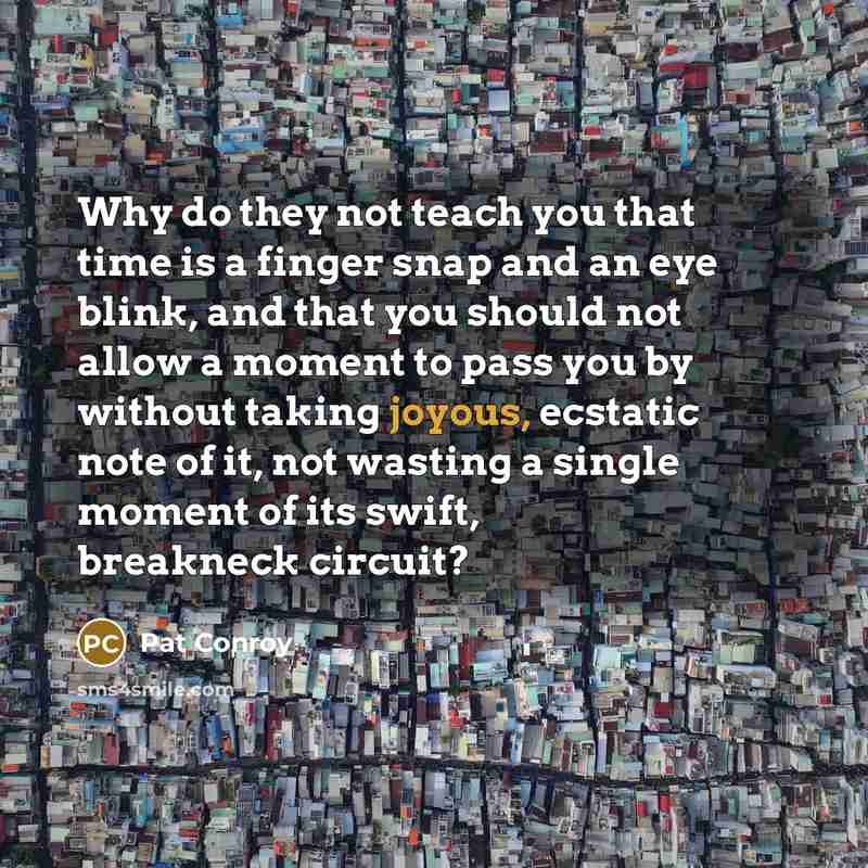 “Why do they not teach you that time is a finger snap and an eye blink, and that you should not allow a moment to pass you by without taking joyous, ecstatic note of it, not wasting a single moment of its swift, breakneck circuit?” quote by Pat Conroy