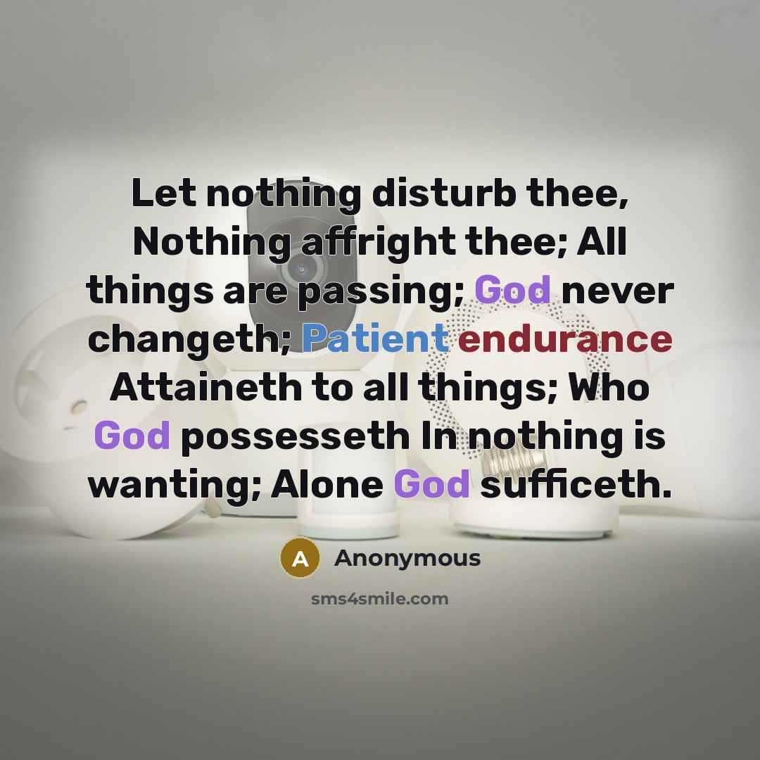 “Let nothing disturb thee, Nothing affright thee; All things are passing; God never changeth; Patient endurance Attaineth to all things; Who God possesseth In nothing is wanting; Alone God sufficeth.” quote by Anonymous