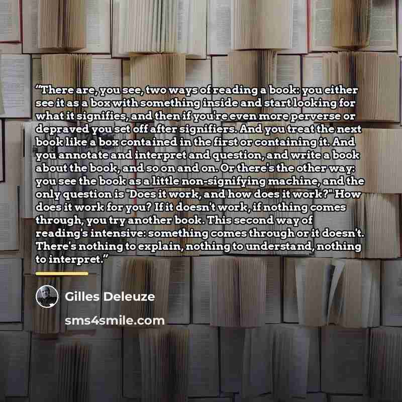 “There are, you see, two ways of reading a book: you either see it as a box with something inside and start looking for what it signifies, and then if you're even more perverse or depraved you set off after signifiers. And you treat the next book like a box contained in the first or containing it…” quote by Gilles Deleuze
