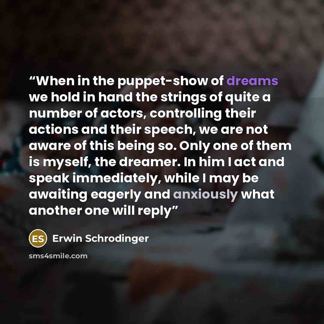 “When in the puppet-show of dreams we hold in hand the strings of quite a number of actors, controlling their actions and their speech, we are not aware of this being so. Only one of them is myself, the dreamer. In him I act and speak immediately, while I may be awaiting eagerly and anxiously what…” quote by Erwin Schrödinger