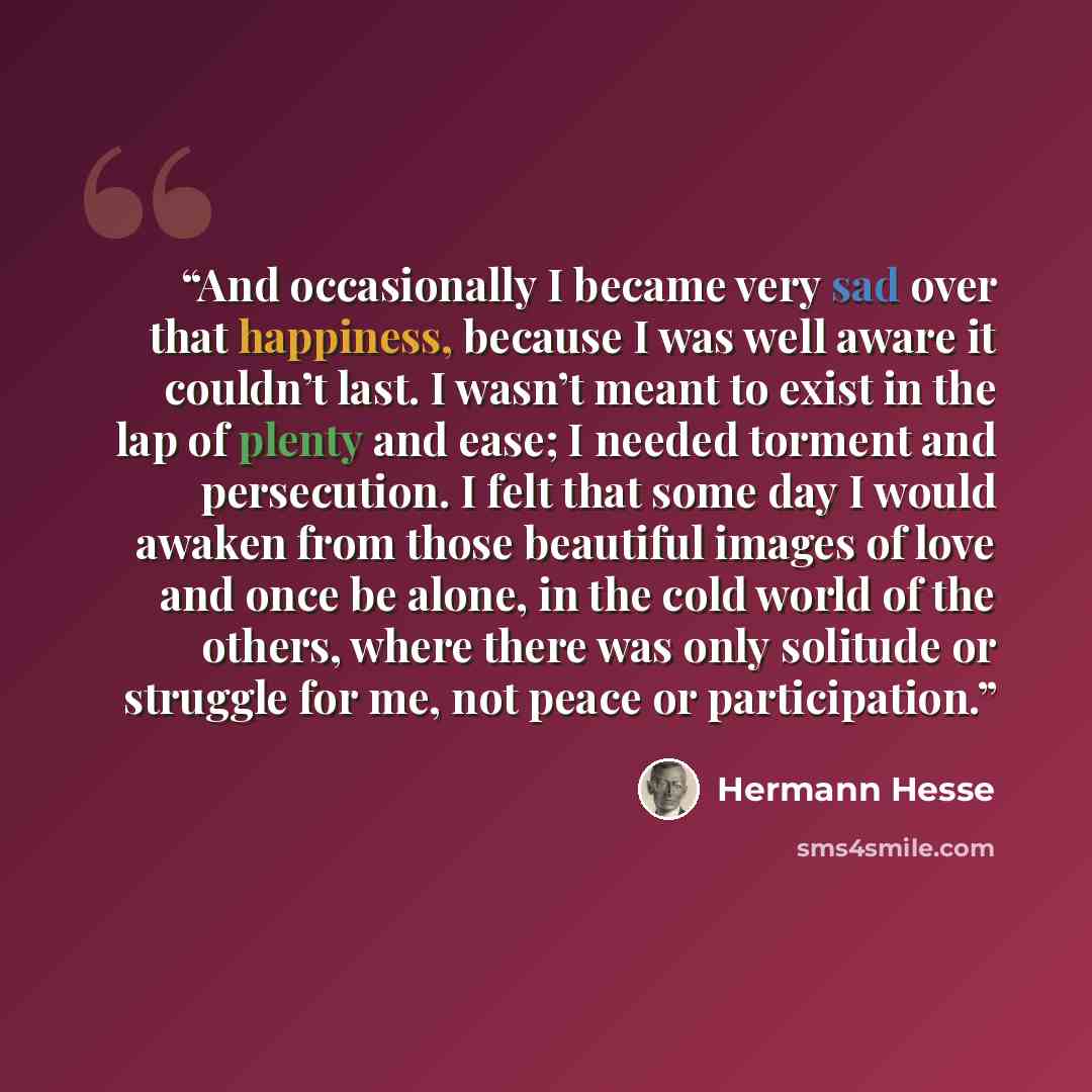 “And occasionally I became very sad over that happiness, because I was well aware it couldn’t last. I wasn’t meant to exist in the lap of plenty and ease; I needed torment and persecution. I felt that some day I would awaken from those beautiful images of love and once be alone, in the cold world…” quote by Hermann Hesse