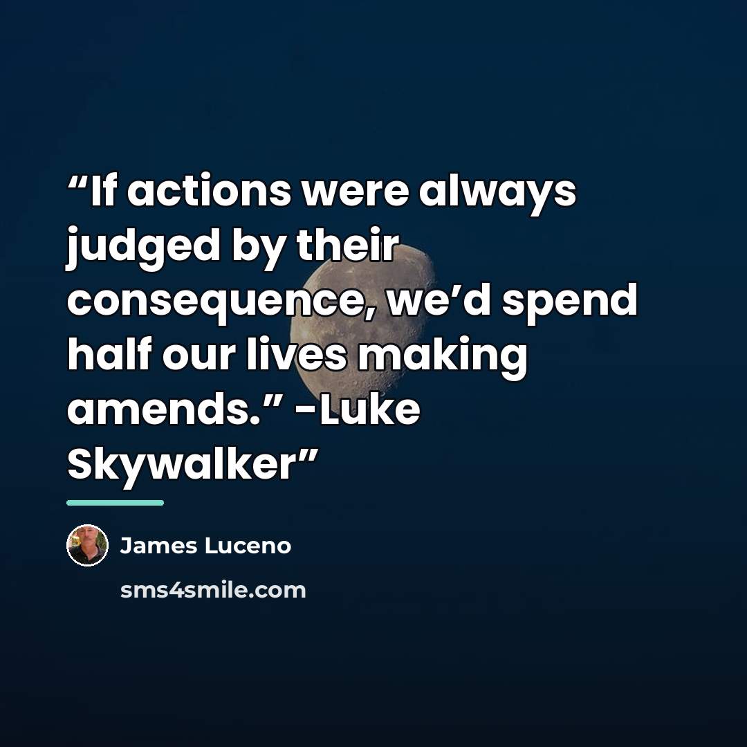 “If actions were always judged by their consequence, we’d spend half our lives making amends.” -Luke Skywalker” quote by James Luceno