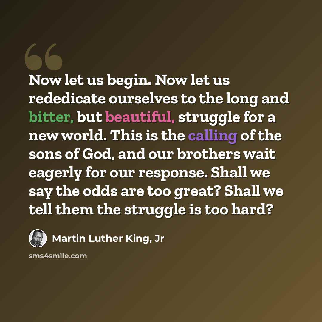 “Now let us begin. Now let us rededicate ourselves to the long and bitter, but beautiful, struggle for a new world. This is the calling of the sons of God, and our brothers wait eagerly for our response. Shall we say the odds are too great? Shall we tell them the struggle is too hard?” quote by Martin Luther King, Jr