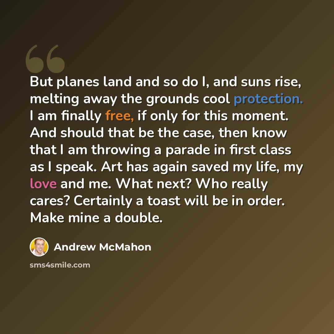“But planes land and so do I, and suns rise, melting away the grounds cool protection. I am finally free, if only for this moment. And should that be the case, then know that I am throwing a parade in first class as I speak. Art has again saved my life, my love and me. What next? Who really cares?…” quote by Andrew McMahon