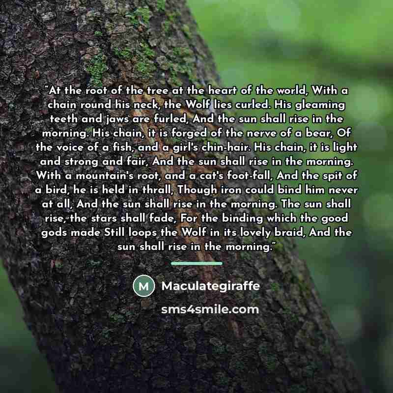 “At the root of the tree at the heart of the world, With a chain round his neck, the Wolf lies curled. His gleaming teeth and jaws are furled, And the sun shall rise in the morning. His chain, it is forged of the nerve of a bear, Of the voice of a fish, and a girl's chin-hair. His chain, it is…” quote by Maculategiraffe
