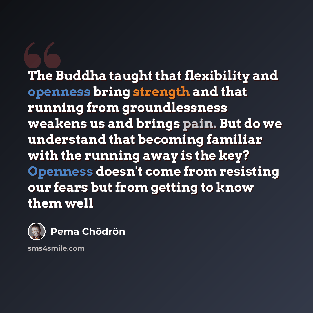 “The Buddha taught that flexibility and openness bring strength and that running from groundlessness weakens us and brings pain. But do we understand that becoming familiar with the running away is the key? Openness doesn't come from resisting our fears but from getting to know them well” quote by Pema Chodron