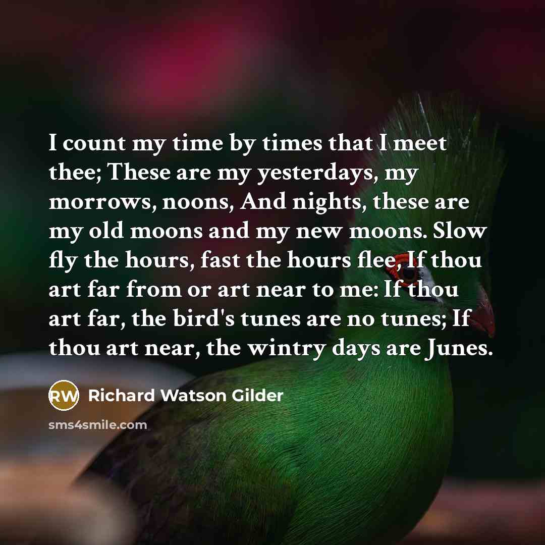 “I count my time by times that I meet thee; These are my yesterdays, my morrows, noons, And nights, these are my old moons and my new moons. Slow fly the hours, fast the hours flee, If thou art far from or art near to me: If thou art far, the bird's tunes are no tunes; If thou art near, the wintry…” quote by Richard Watson Gilder