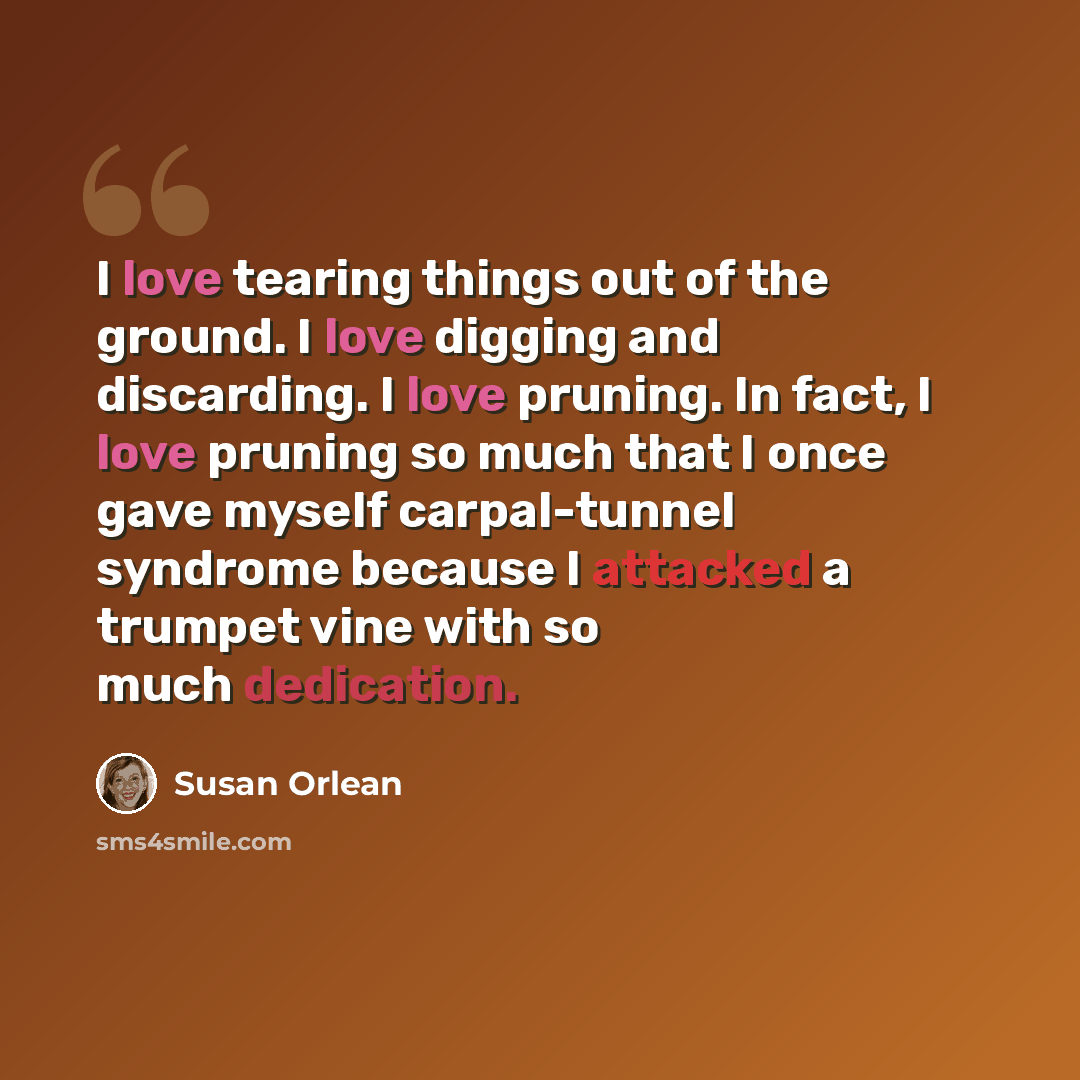 “I love tearing things out of the ground. I love digging and discarding. I love pruning. In fact, I love pruning so much that I once gave myself carpal-tunnel syndrome because I attacked a trumpet vine with so much dedication.” quote by Susan Orlean