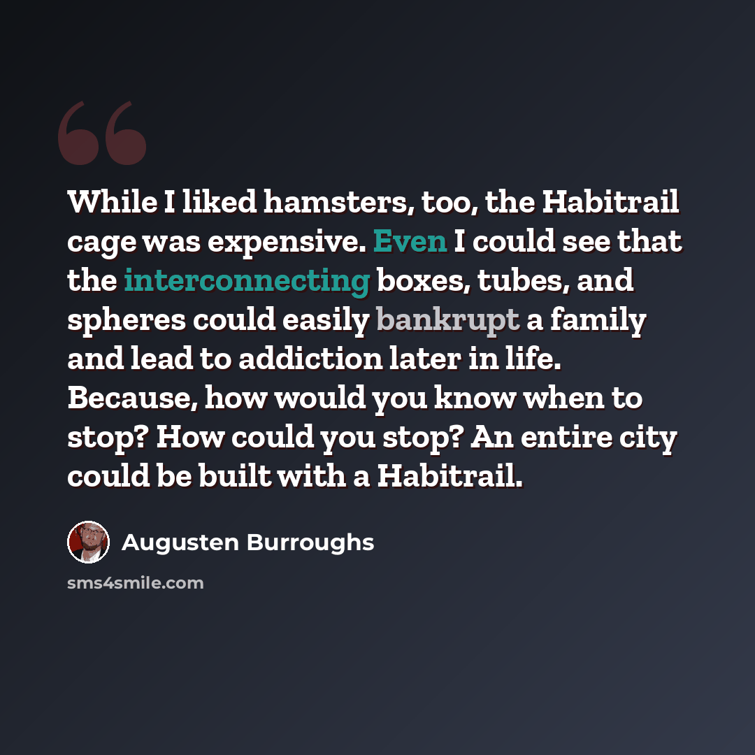 “While I liked hamsters, too, the Habitrail cage was expensive. Even I could see that the interconnecting boxes, tubes, and spheres could easily bankrupt a family and lead to addiction later in life. Because, how would you know when to stop? How could you stop? An entire city could be built with a…” quote by Augusten Burroughs