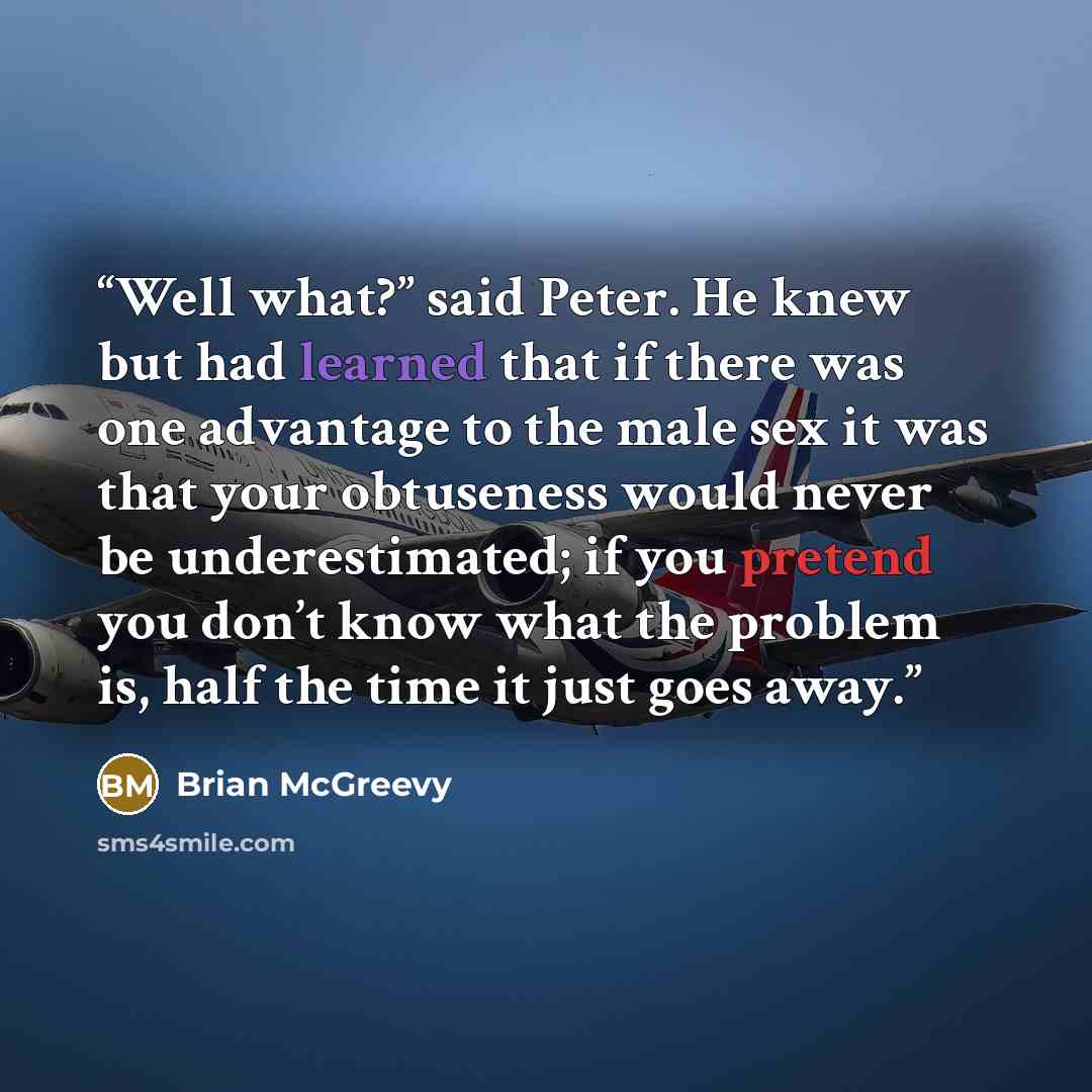 “Well what?” said Peter. He knew but had learned that if there was one advantage to the male sex it was that your obtuseness would never be underestimated; if you pretend you don’t know what the problem is, half the time it just goes away.” quote by Brian McGreevy