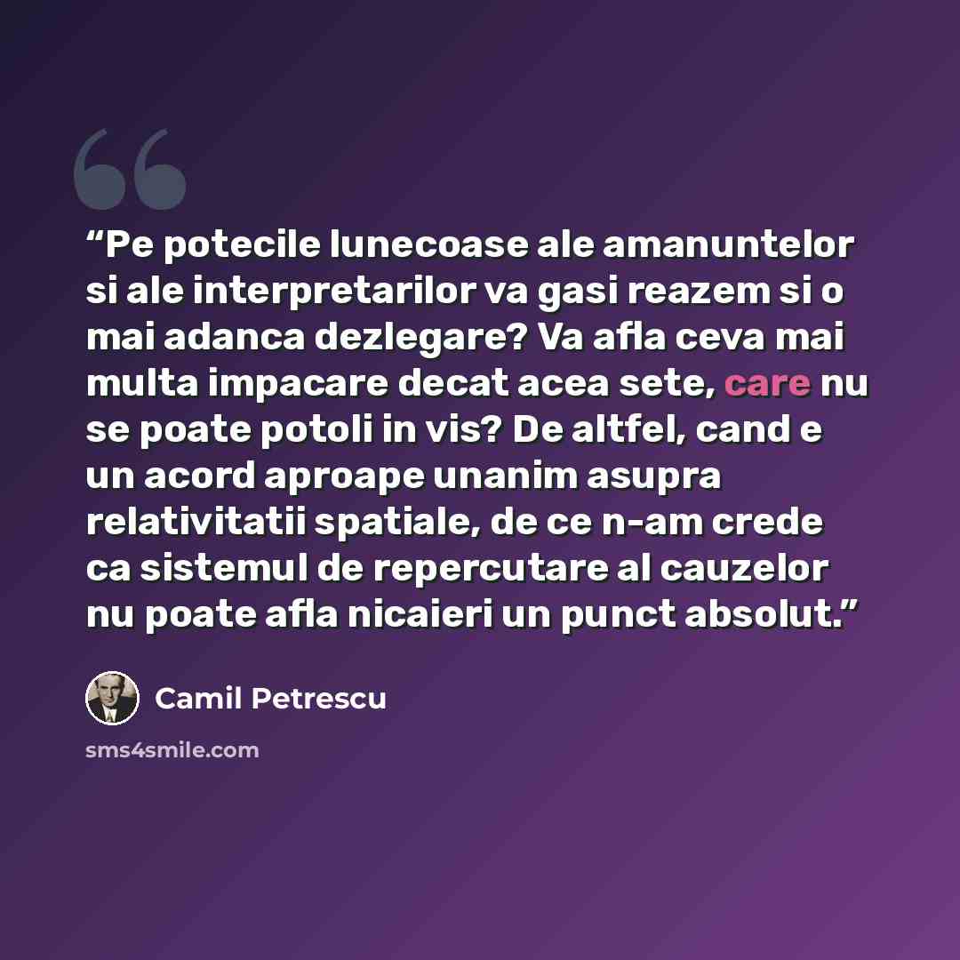 “Pe potecile lunecoase ale amanuntelor si ale interpretarilor va gasi reazem si o mai adanca dezlegare? Va afla ceva mai multa impacare decat acea sete, care nu se poate potoli in vis? De altfel, cand e un acord aproape unanim asupra relativitatii spatiale, de ce n-am crede ca sistemul de…” quote by Camil Petrescu