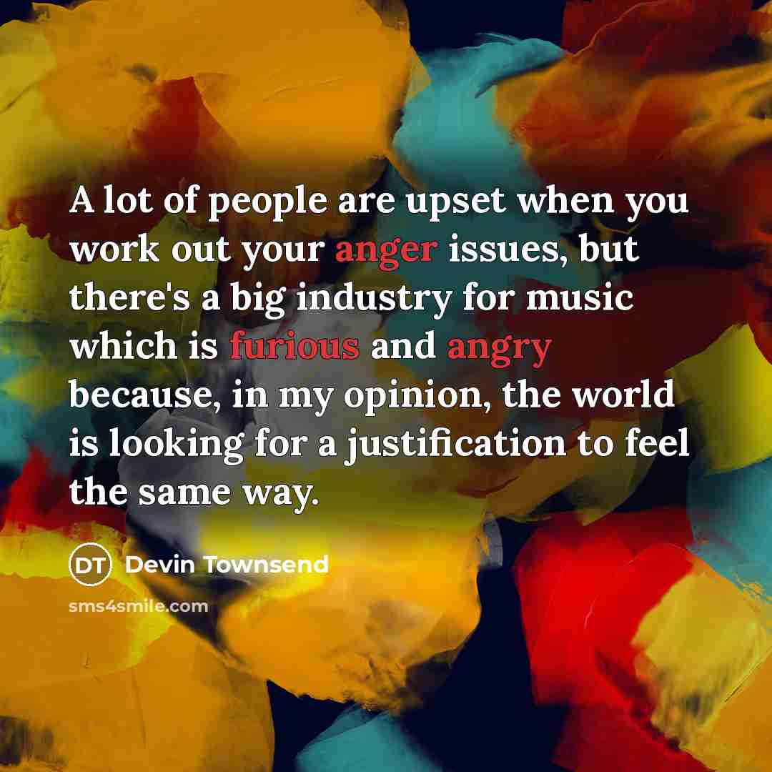 “A lot of people are upset when you work out your anger issues, but there's a big industry for music which is furious and angry because, in my opinion, the world is looking for a justification to feel the same way.” quote by Devin Townsend