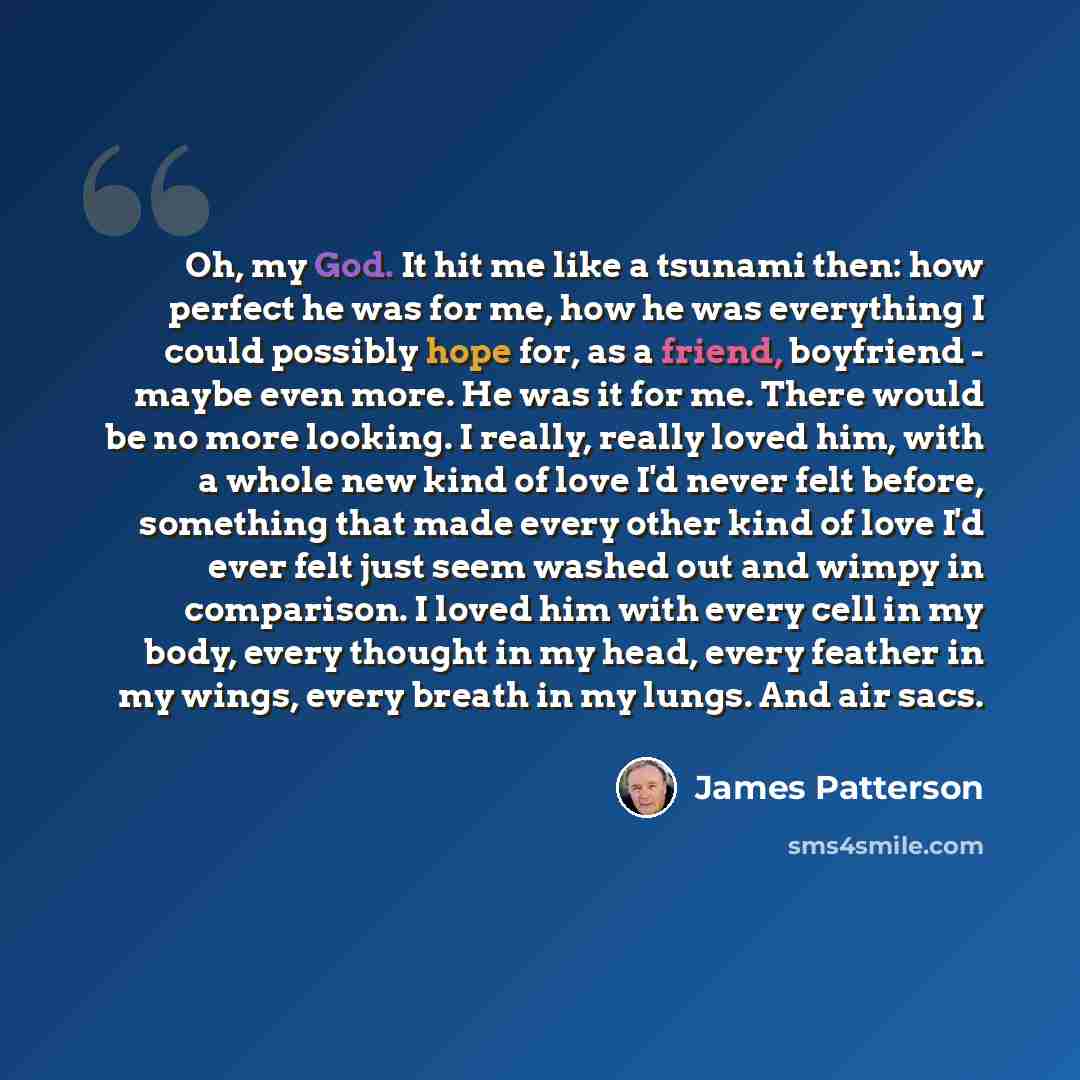 “Oh, my God. It hit me like a tsunami then: how perfect he was for me, how he was everything I could possibly hope for, as a friend, boyfriend - maybe even more. He was it for me. There would be no more looking. I really, really loved him, with a whole new kind of love I'd never felt before…” quote by James Patterson