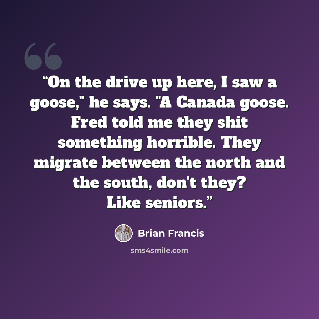 “On the drive up here, I saw a goose," he says. "A Canada goose. Fred told me they shit something horrible. They migrate between the north and the south, don't they? Like seniors.” quote by Brian Francis