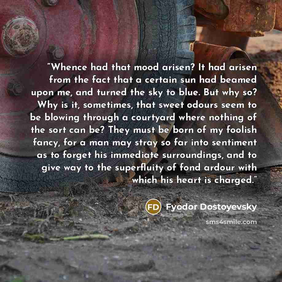 “Whence had that mood arisen? It had arisen from the fact that a certain sun had beamed upon me, and turned the sky to blue. But why so? Why is it, sometimes, that sweet odours seem to be blowing through a courtyard where nothing of the sort can be? They must be born of my foolish fancy, for a man…” quote by Fyodor Dostoyevsky