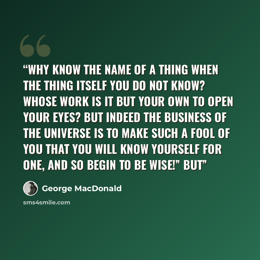“Why know the name of a thing when the thing itself you do not know? Whose work is it but your own to open your eyes? But indeed the business of the universe is to make such a fool of you that you will know yourself for one, and so begin to be wise!” But” quote by George MacDonald