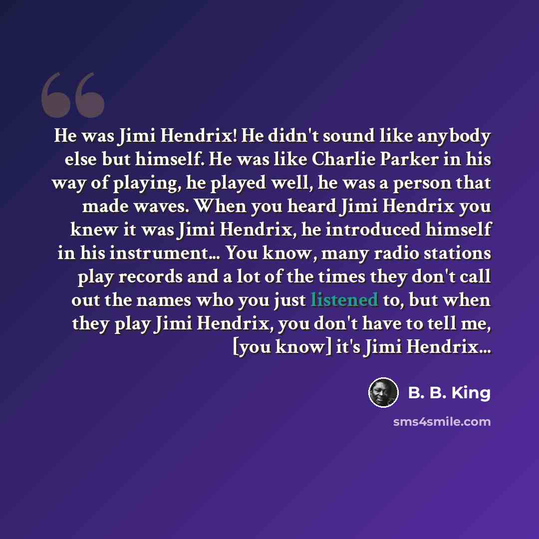 “He was Jimi Hendrix! He didn't sound like anybody else but himself. He was like Charlie Parker in his way of playing, he played well, he was a person that made waves. When you heard Jimi Hendrix you knew it was Jimi Hendrix, he introduced himself in his instrument... You know, many radio stations…” quote by B. B. King