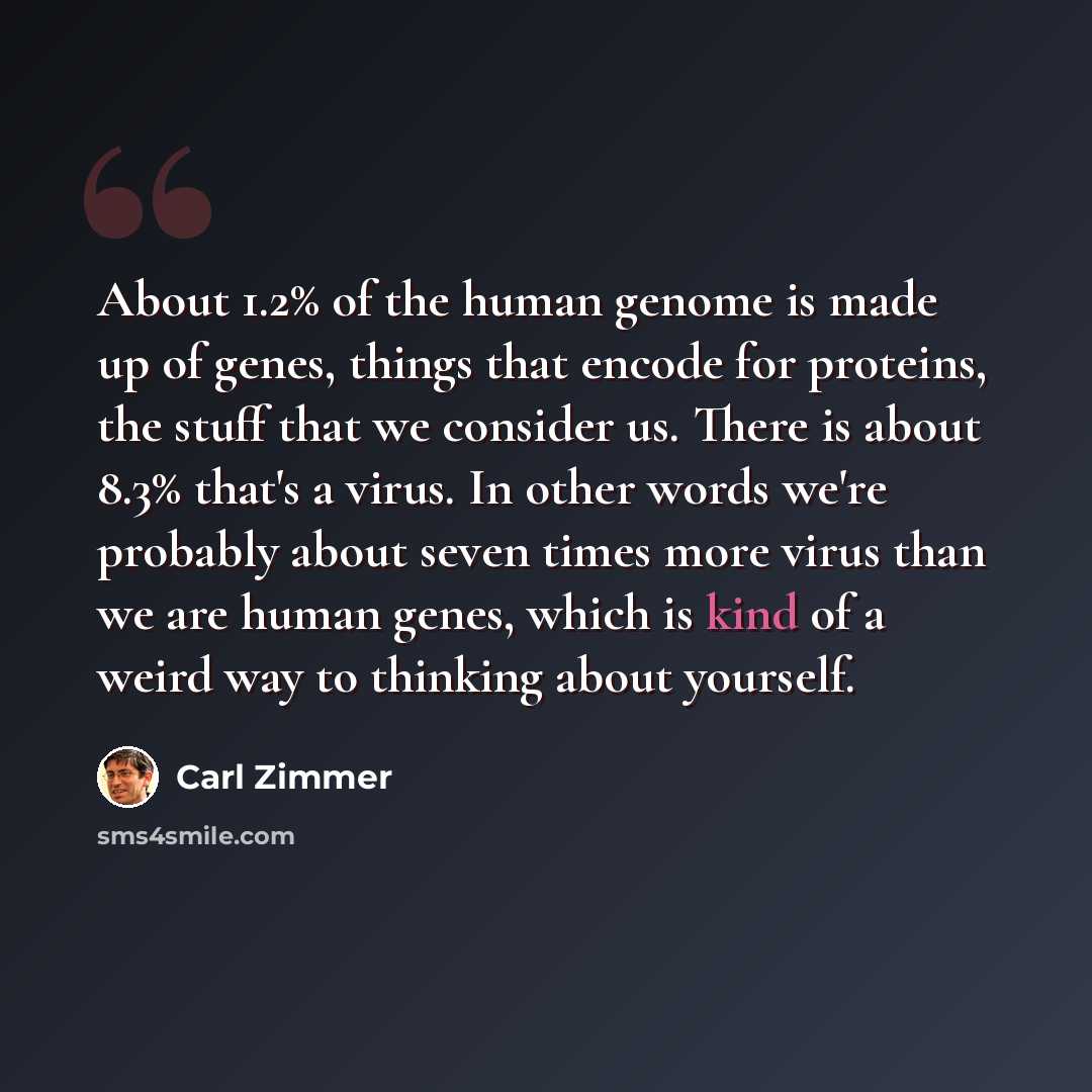 “About 1.2% of the human genome is made up of genes, things that encode for proteins, the stuff that we consider us. There is about 8.3% that's a virus. In other words we're probably about seven times more virus than we are human genes, which is kind of a weird way to thinking about yourself.” quote by Carl Zimmer