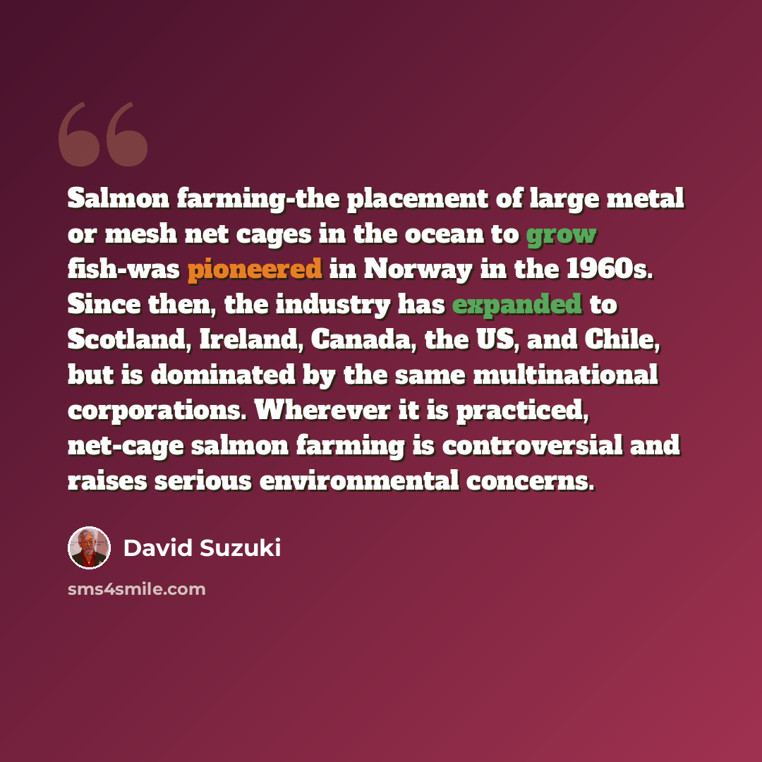 “Salmon farming-the placement of large metal or mesh net cages in the ocean to grow fish-was pioneered in Norway in the 1960s. Since then, the industry has expanded to Scotland, Ireland, Canada, the US, and Chile, but is dominated by the same multinational corporations. Wherever it is practiced…” quote by David Suzuki