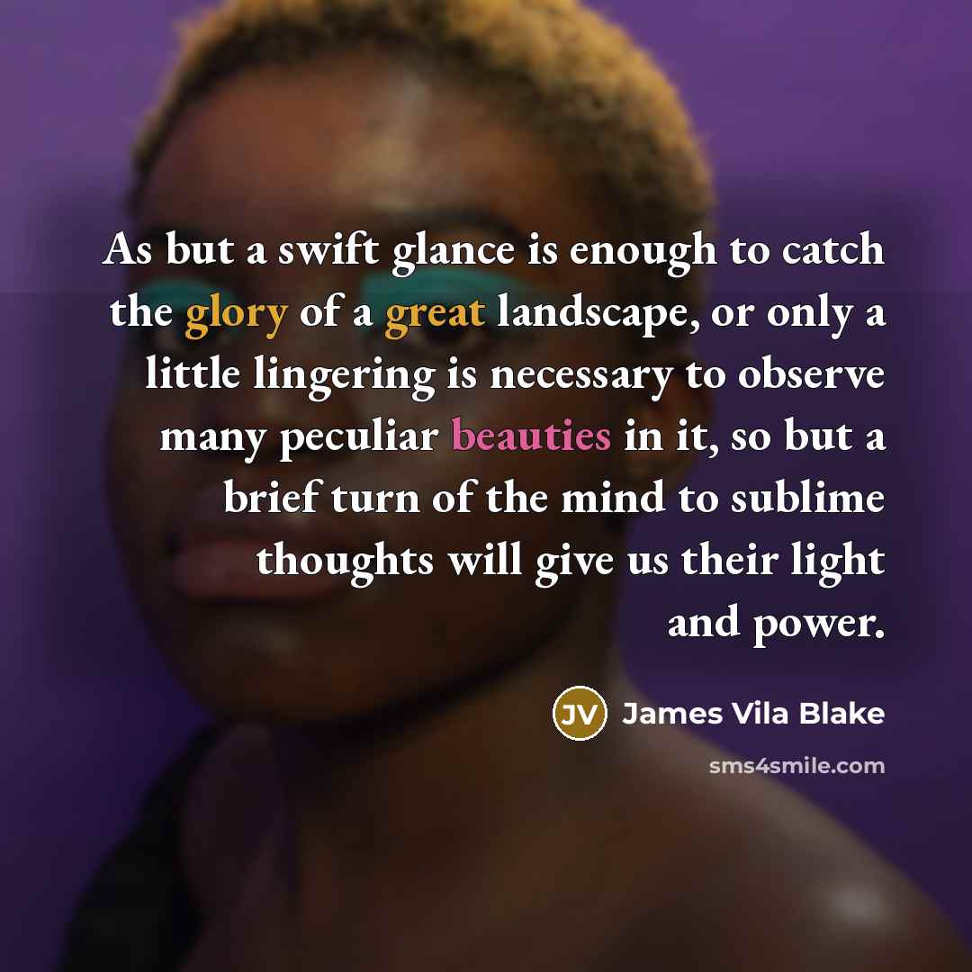 “As but a swift glance is enough to catch the glory of a great landscape, or only a little lingering is necessary to observe many peculiar beauties in it, so but a brief turn of the mind to sublime thoughts will give us their light and power.” quote by James Vila Blake