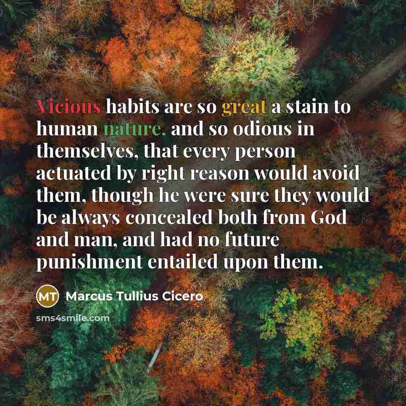 “Vicious habits are so great a stain to human nature, and so odious in themselves, that every person actuated by right reason would avoid them, though he were sure they would be always concealed both from God and man, and had no future punishment entailed upon them.” quote by Marcus Tullius Cicero