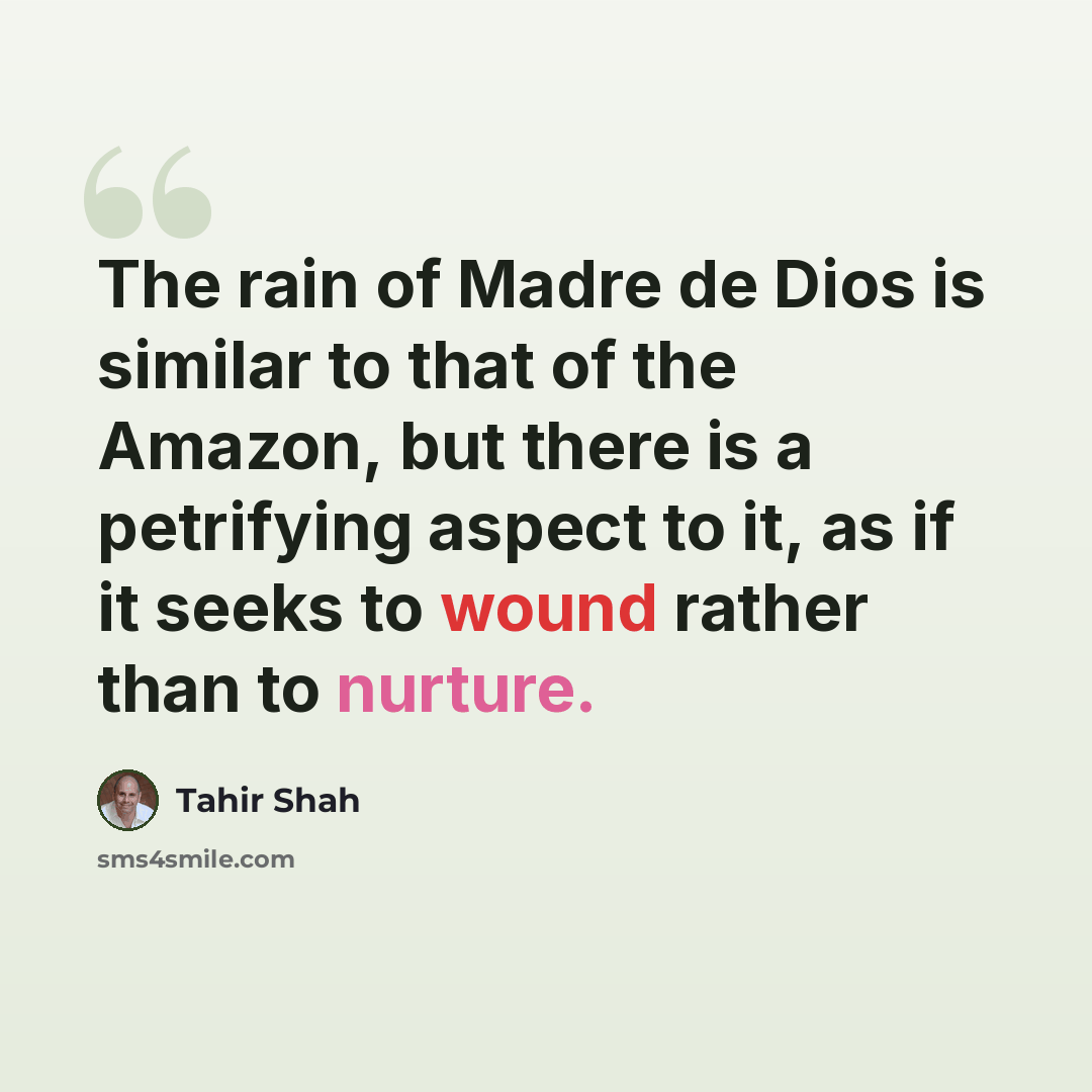 “The rain of Madre de Dios is similar to that of the Amazon, but there is a petrifying aspect to it, as if it seeks to wound rather than to nurture.” quote by Tahir Shah