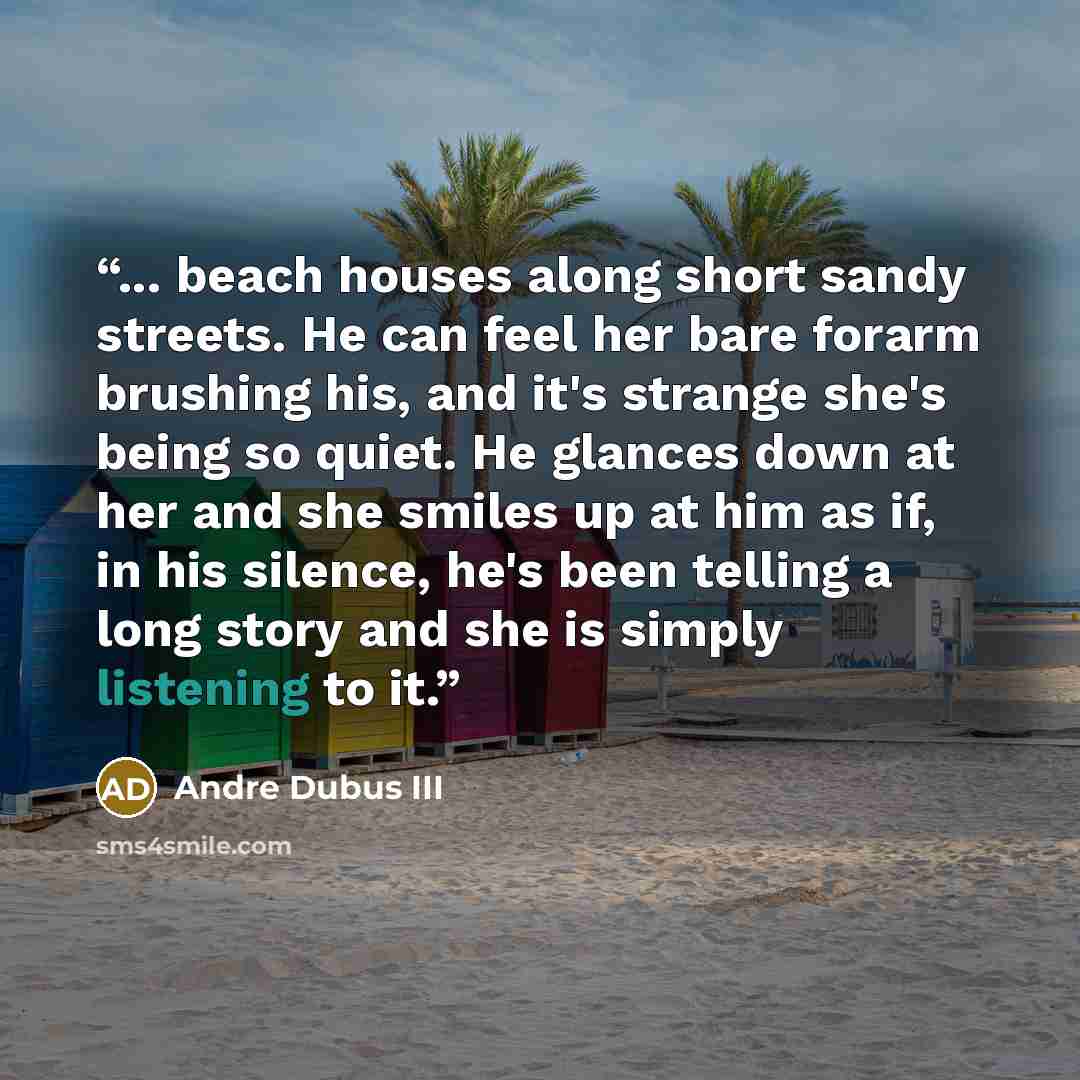 “... beach houses along short sandy streets. He can feel her bare forarm brushing his, and it's strange she's being so quiet. He glances down at her and she smiles up at him as if, in his silence, he's been telling a long story and she is simply listening to it.” quote by Andre Dubus III