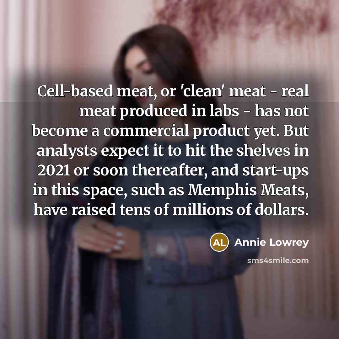 “Cell-based meat, or 'clean' meat - real meat produced in labs - has not become a commercial product yet. But analysts expect it to hit the shelves in 2021 or soon thereafter, and start-ups in this space, such as Memphis Meats, have raised tens of millions of dollars.” quote by Annie Lowrey