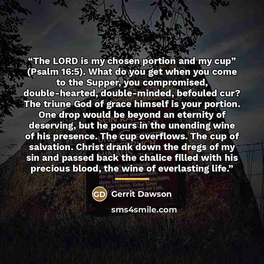 “The LORD is my chosen portion and my cup” (Psalm 16:5). What do you get when you come to the Supper, you compromised, double-hearted, double-minded, befouled cur? The triune God of grace himself is your portion. One drop would be beyond an eternity of deserving, but he pours in the unending wine…” quote by Gerrit Dawson