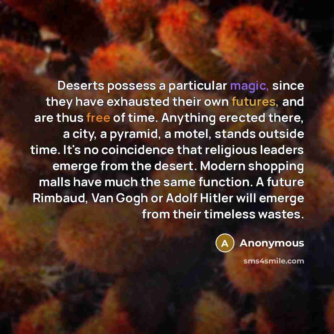 “Deserts possess a particular magic, since they have exhausted their own futures, and are thus free of time. Anything erected there, a city, a pyramid, a motel, stands outside time. It's no coincidence that religious leaders emerge from the desert. Modern shopping malls have much the same function…” quote by Anonymous