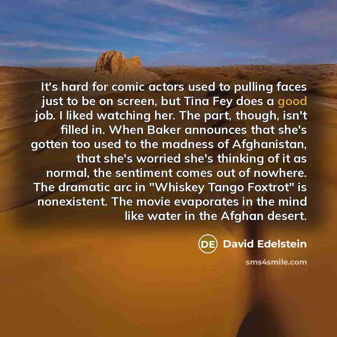 “It's hard for comic actors used to pulling faces just to be on screen, but Tina Fey does a good job. I liked watching her. The part, though, isn't filled in. When Baker announces that she's gotten too used to the madness of Afghanistan, that she's worried she's thinking of it as normal, the…” quote by David Edelstein
